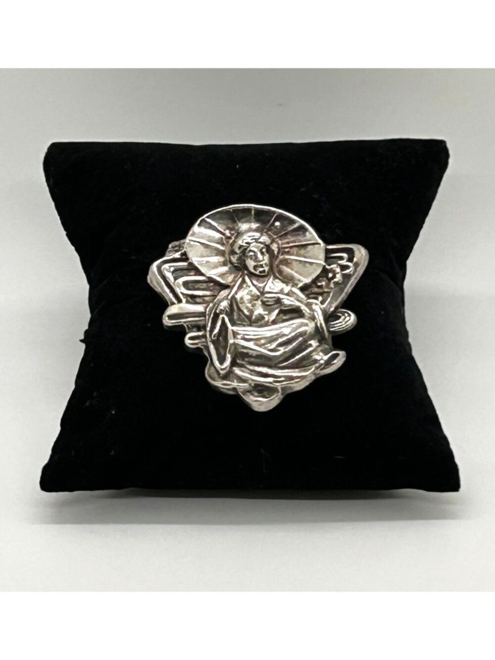 Vintage Japanese Geisha Brooch Pin Repoussé Parasol Silver-Tone Art Deco Asian - Picture 2 of 7